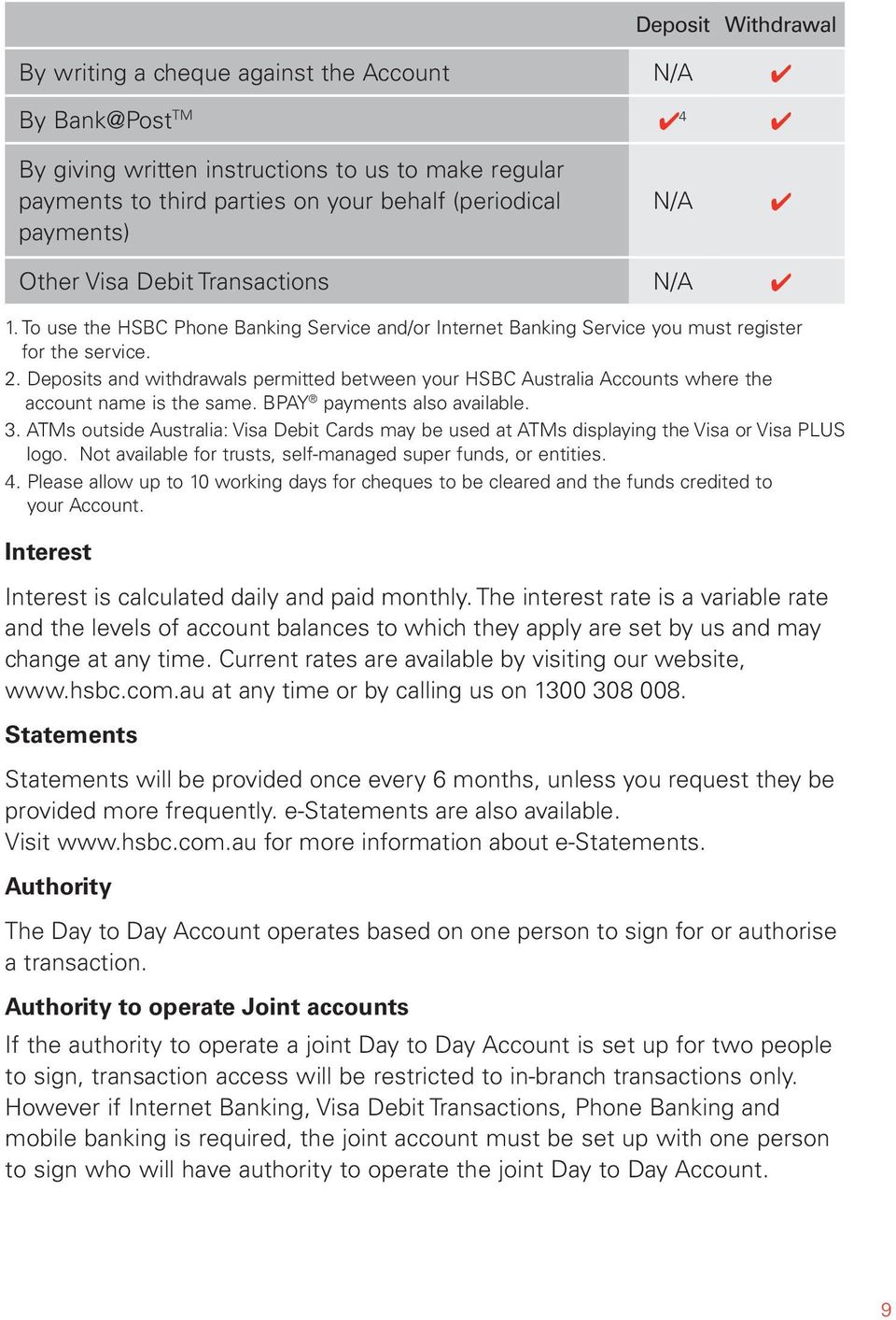Deposits and withdrawals permitted between your HSBC Australia Accounts where the account name is the same. BPAY payments also available. 3.