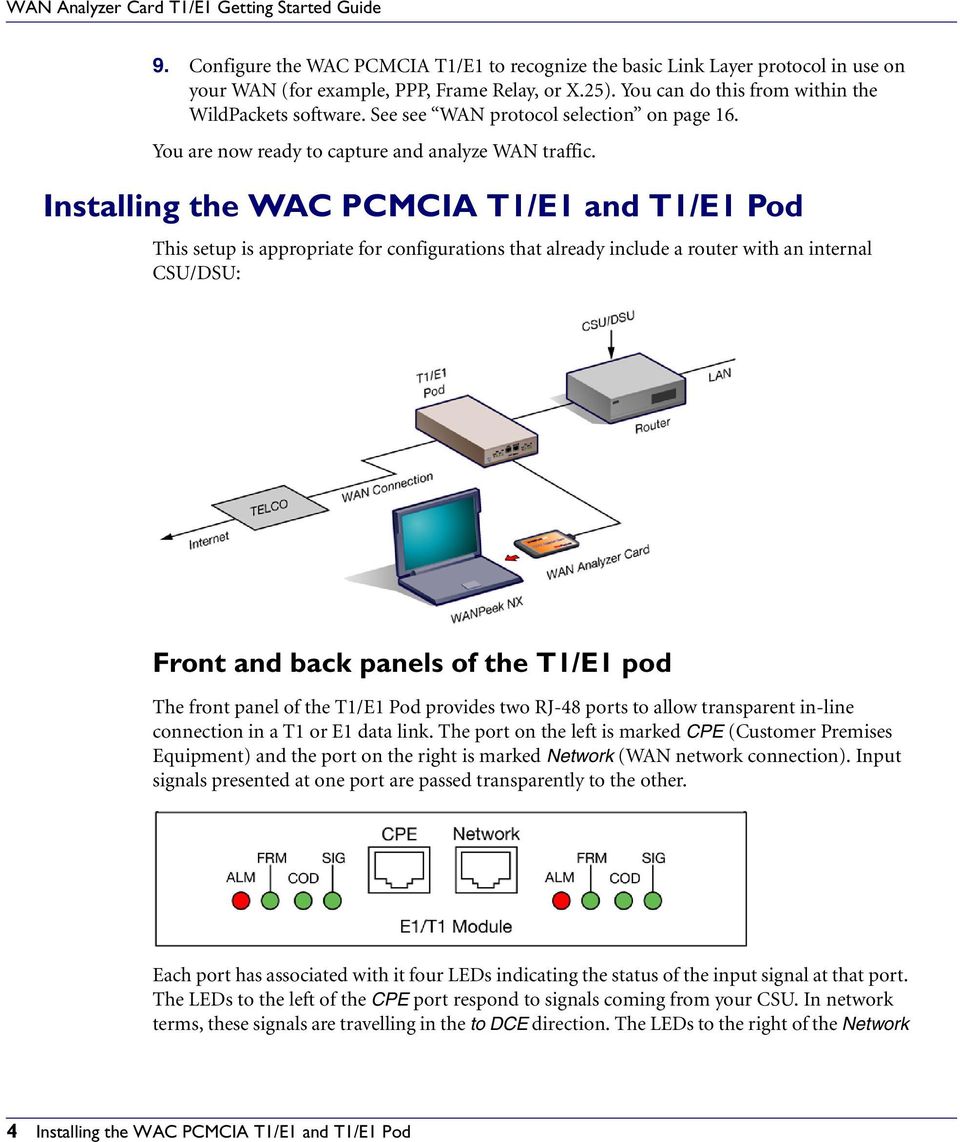Installing the WAC PCMCIA T1/E1 and T1/E1 Pod This setup is appropriate for configurations that already include a router with an internal CSU/DSU: Front and back panels of the T1/E1 pod The front
