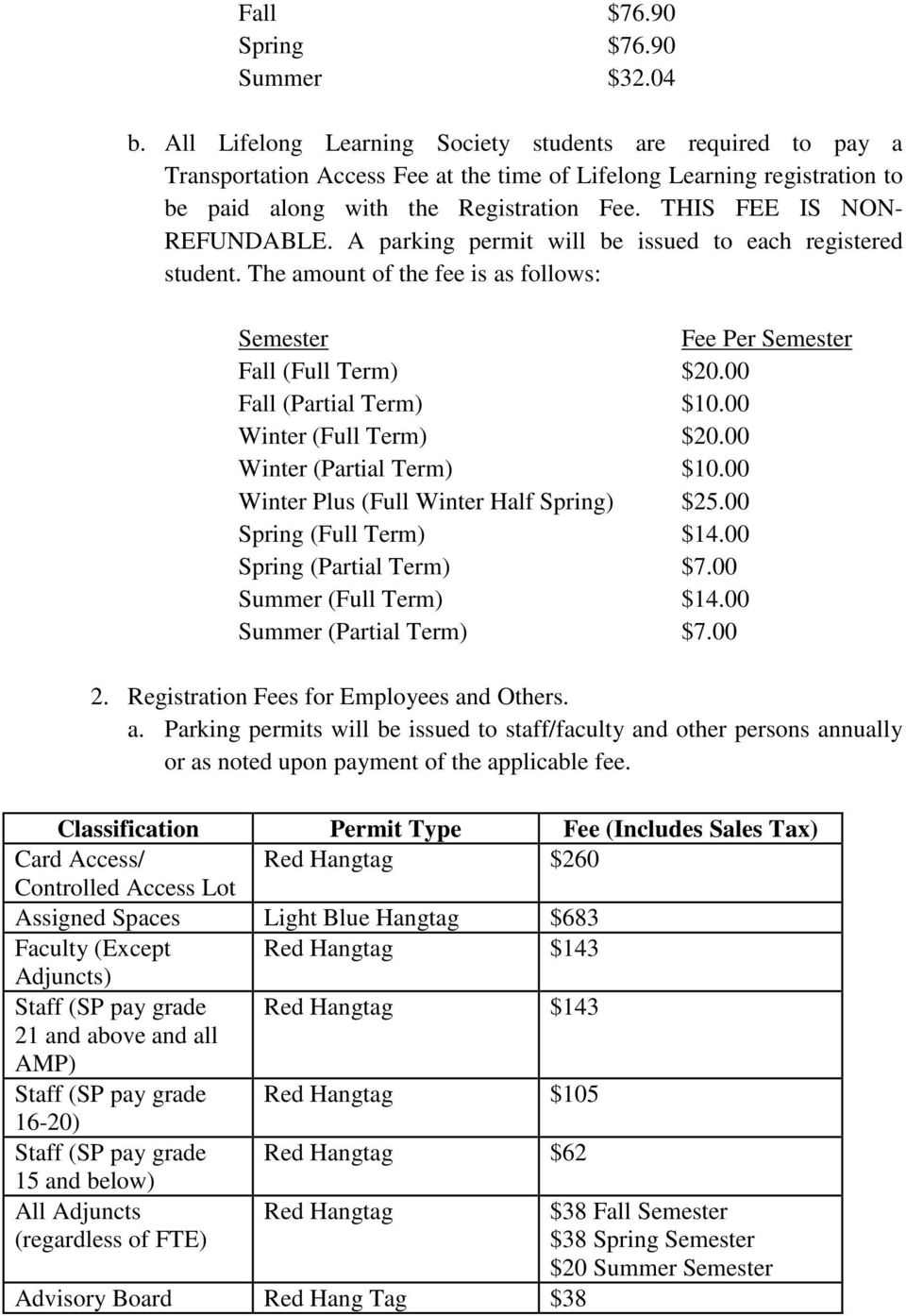 THIS FEE IS NON- REFUNDABLE. A parking permit will be issued to each registered student. The amount of the fee is as follows: Semester Fee Per Semester Fall (Full Term) $20.00 Fall (Partial Term) $10.