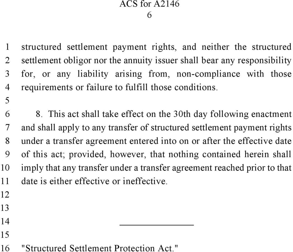 . This act shall take effect on the 0th day following enactment and shall apply to any transfer of structured settlement payment rights under a transfer agreement entered