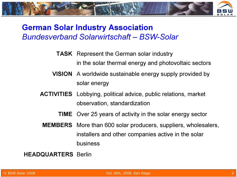 relations, market observation, standardization TIME Over 25 years of activity in the solar energy sector MEMBERS More than 600 solar producers,