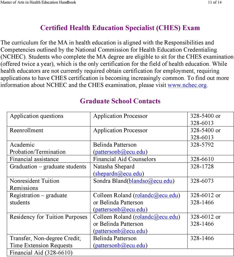 Students who complete the MA degree are eligible to sit for the CHES examination (offered twice a year), which is the only certification for the field of health education.