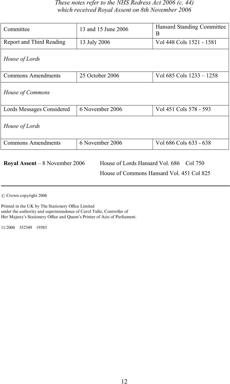 633-638 Royal Assent 8 November 2006 House of Lords Hansard Vol. 686 Col 750 House of Commons Hansard Vol. 451 Col 825?