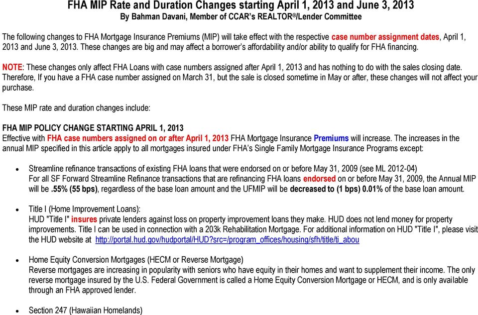 FHA MIP Rate and Duration Changes starting April 1, 2013 and ...