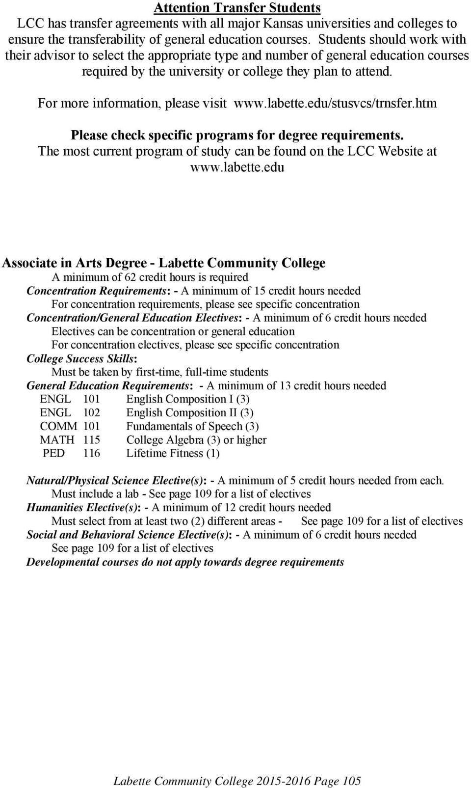 For more information, please visit www.labette.edu/stusvcs/trnsfer.htm Please check specific programs for degree requirements. The most current program of study can be found on the LCC Website at www.