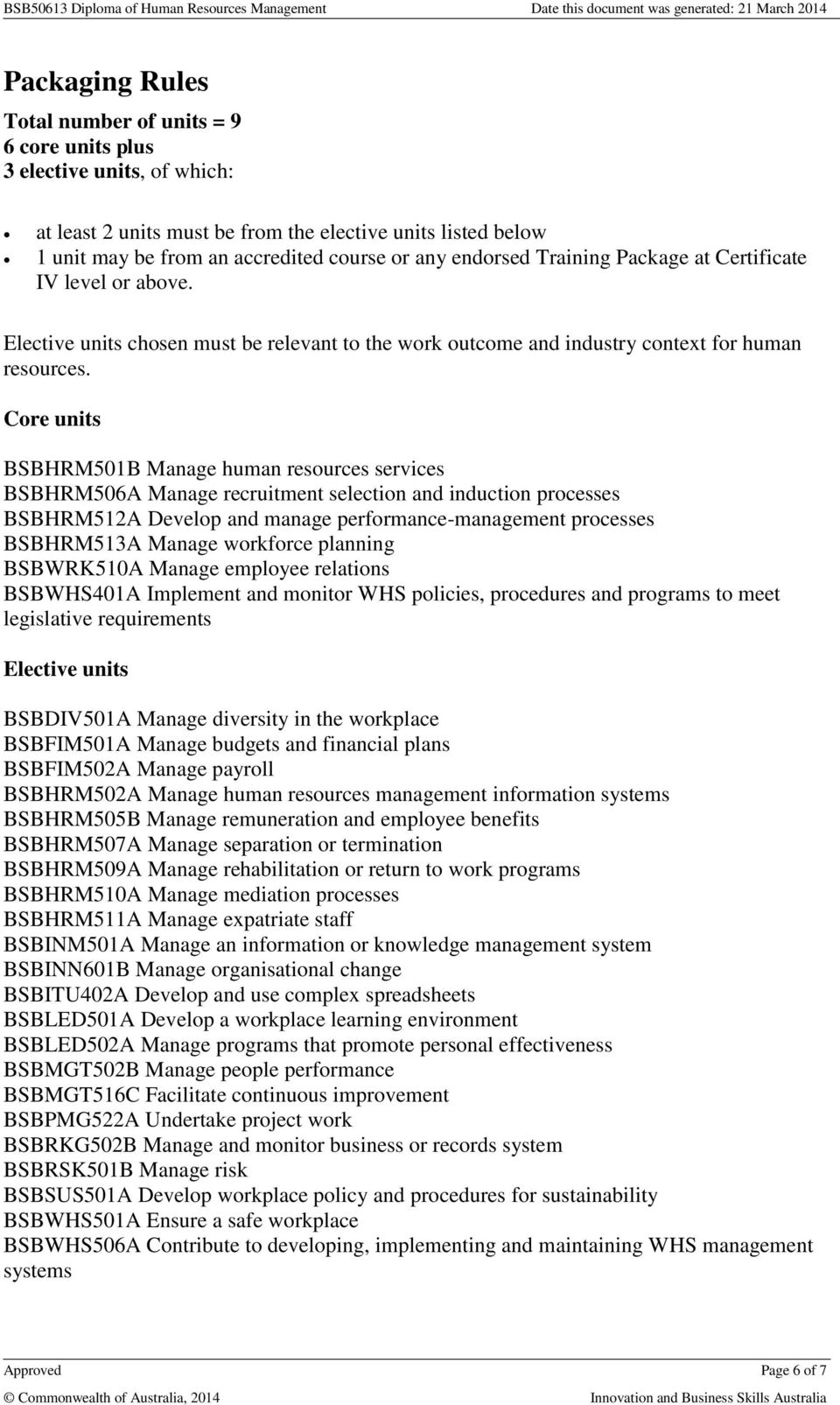 Core units BSBHRM501B Manage human resources services BSBHRM506A Manage recruitment selection and induction processes BSBHRM512A Develop and manage performance-management processes BSBHRM513A Manage