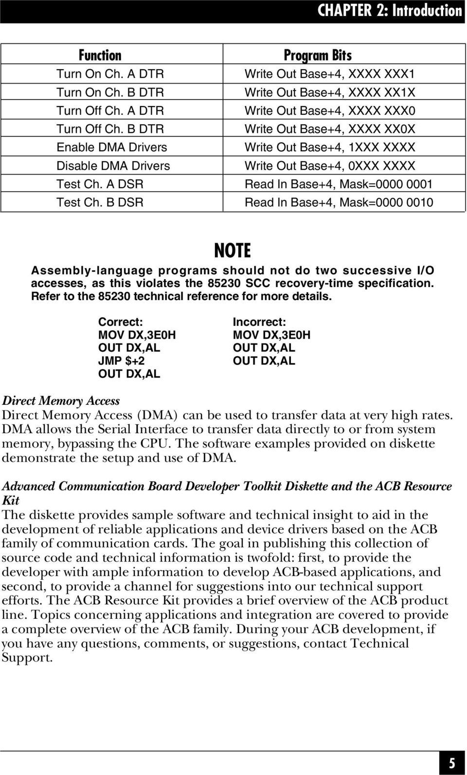 B DSR Read In Base+4, Mask=0000 0010 NOTE Assembly-language programs should not do two successive I/O accesses, as this violates the 85230 SCC recovery-time specification.