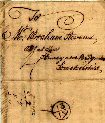 Letter dated the 2 nd July 1774. The mark, (struck on the reverse), shows the letters IY for July. Example dated the 13 th July 1775. The Bishop Mark is 13 IY.