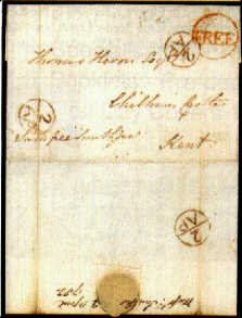 Example from 1782 showing the FREE mark at the top right and three strikes of the Bishop mark for the 2 nd April. This cover proves that on occasions there were at least two different stamps in use.