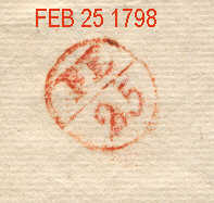 This example is from a letter dated the 25 th February 1798 and as can be seen the lower half of the bisected circle is slightly misplaced to the right.