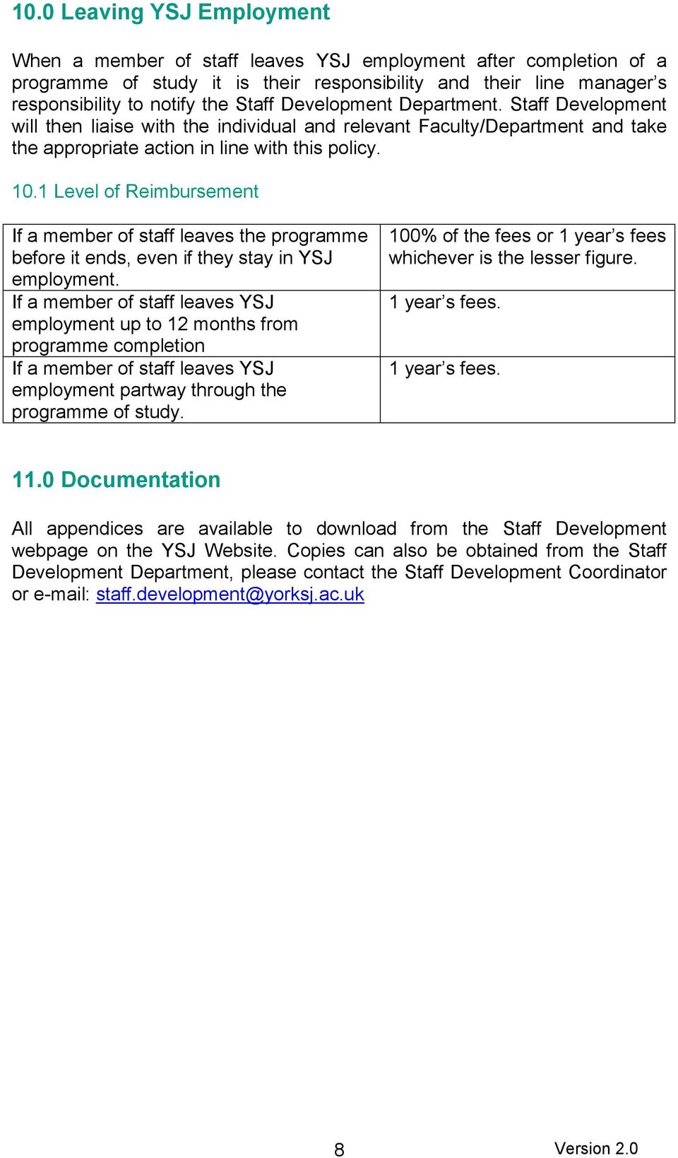 1 Level of Reimbursement If a member of staff leaves the programme before it ends, even if they stay in YSJ employment.