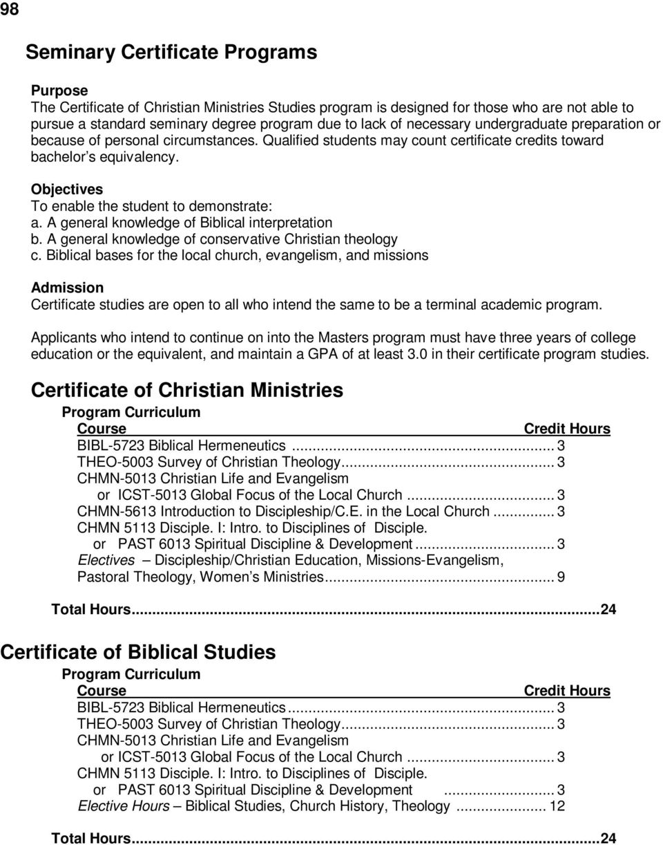 Objectives To enable the student to demonstrate: a. A general knowledge of Biblical interpretation b. A general knowledge of conservative Christian theology c.