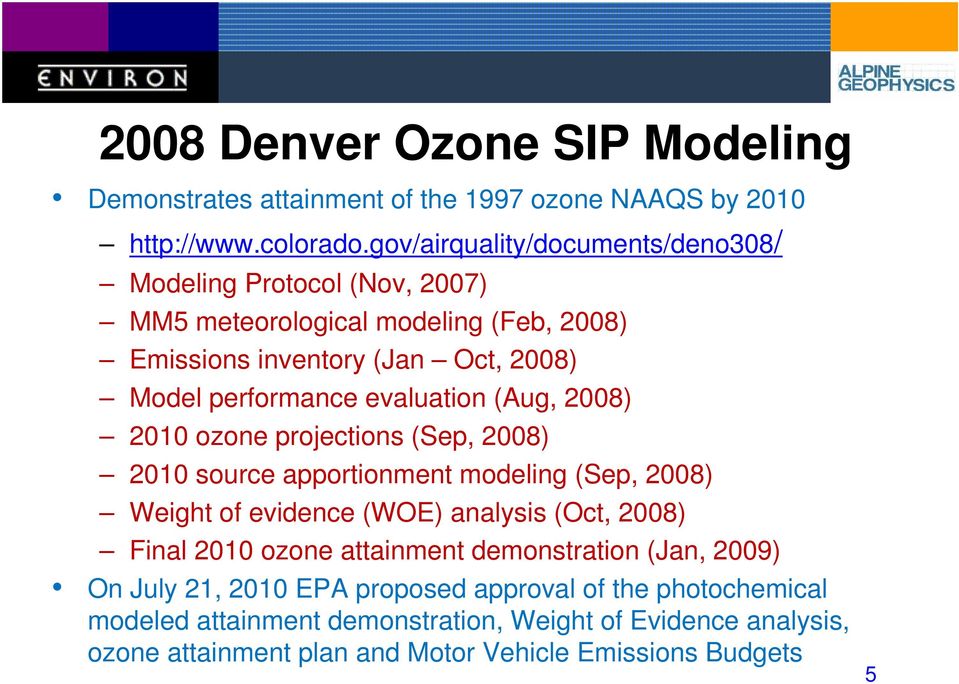 evaluation (Aug, 2008) 2010 ozone projections (Sep, 2008) 2010 source apportionment modeling (Sep, 2008) Weight of evidence (WOE) analysis (Oct, 2008) Final 2010