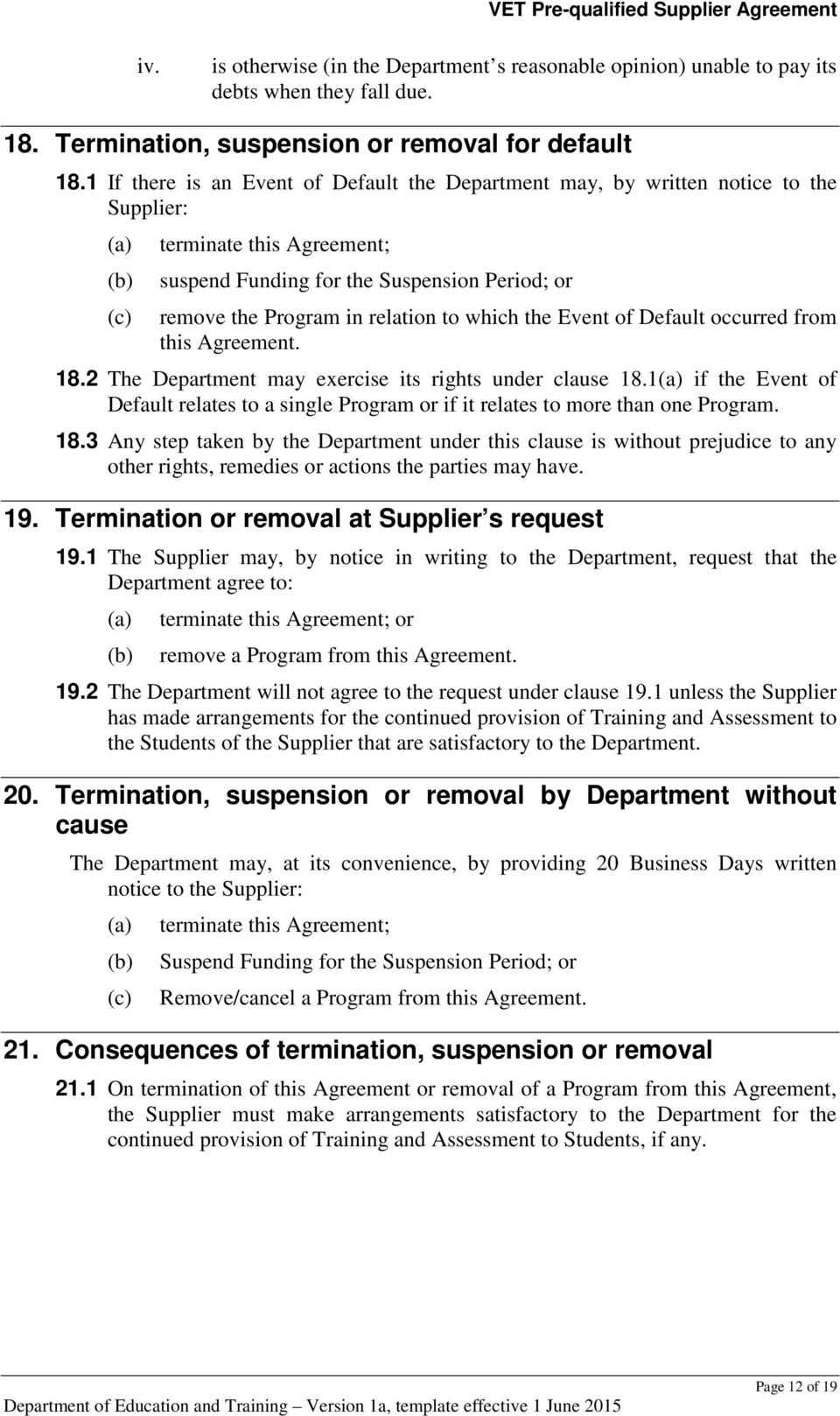 which the Event of Default occurred from this Agreement. 18.2 The Department may exercise its rights under clause 18.