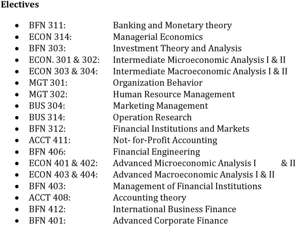 04: Marketing Management BUS 14: Operation Research BFN 12: Financial Institutions and Markets 411: Not- for-profit Accounting BFN 406: Financial Engineering 401 & 402:
