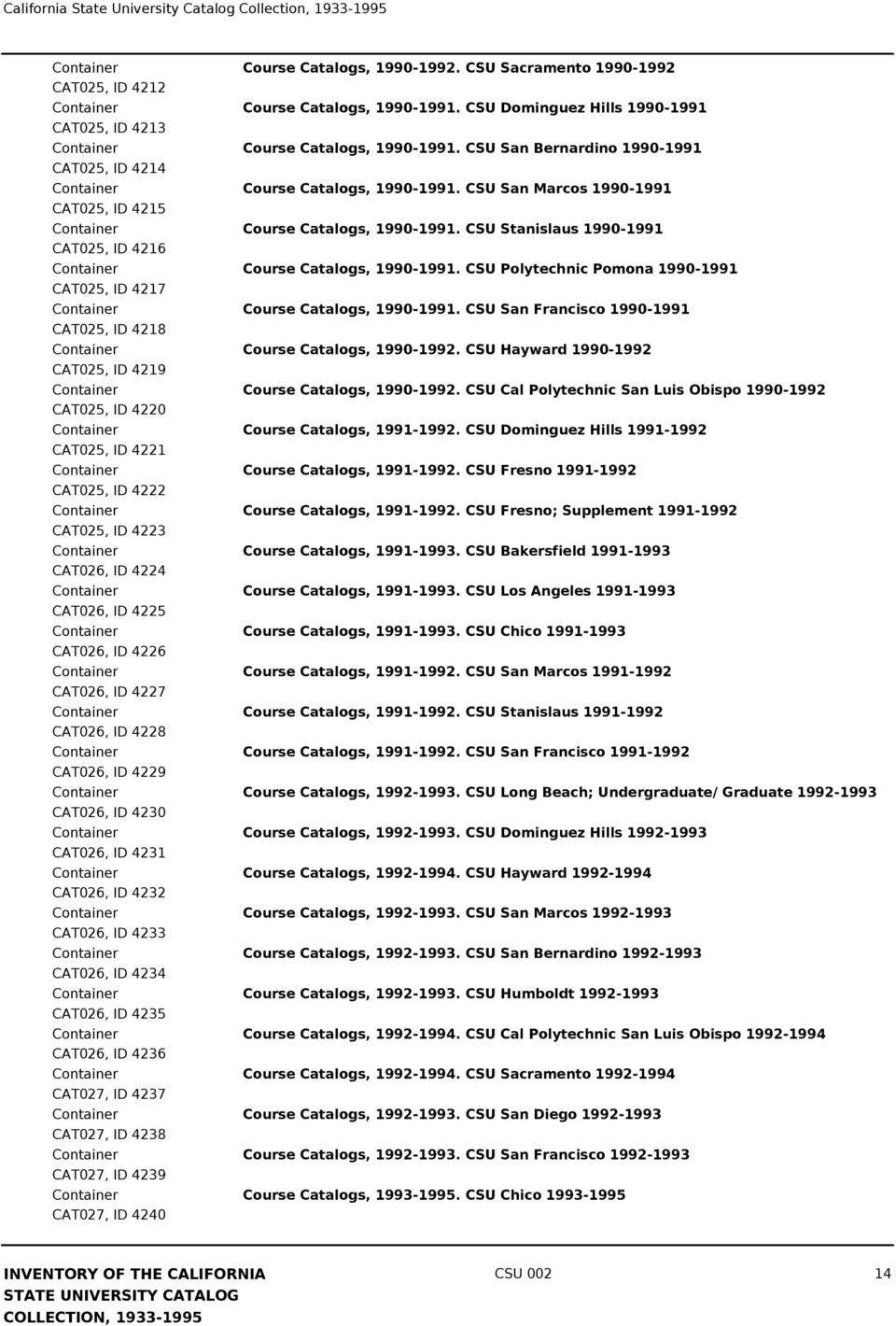 CAT027, ID 4237 CAT027, ID 4238 CAT027, ID 4239 CAT027, ID 4240 Course Catalogs, 1990-1992. CSU Sacramento 1990-1992 Course Catalogs, 1990-1991.