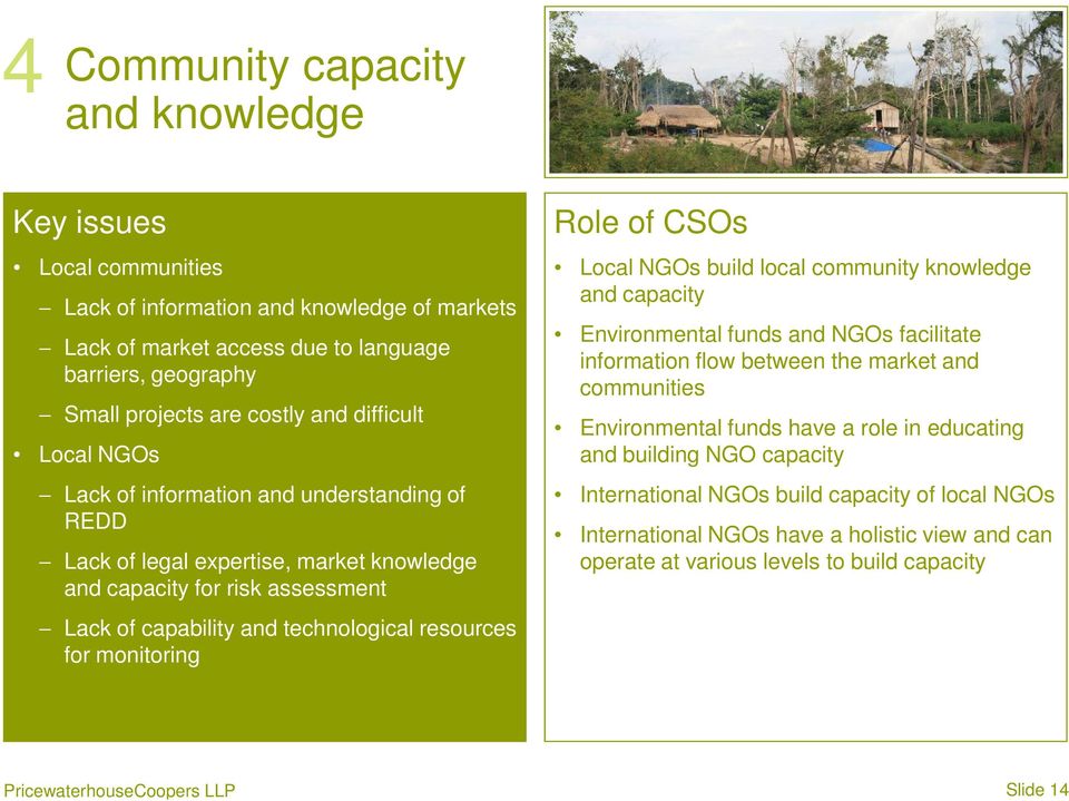 monitoring Role of CSOs Local NGOs build local community knowledge and capacity Environmental funds and NGOs facilitate information flow between the market and communities Environmental funds have a