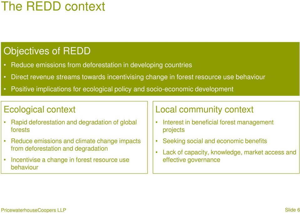 emissions and climate change impacts from deforestation and degradation Incentivise a change in forest resource use behaviour Local community context Interest in