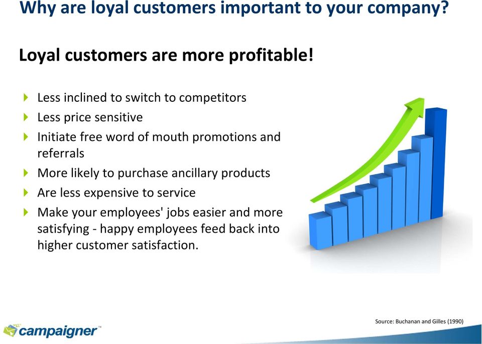 referrals More likely to purchase ancillary products Are less expensive to service Make your employees'