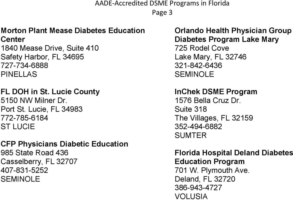 Lucie, FL 34983 772-785-6184 ST LUCIE CFP Physicians Diabetic Education 985 State Road 436 Casselberry, FL 32707 407-831-5252 SEMINOLE Orlando Health Physician