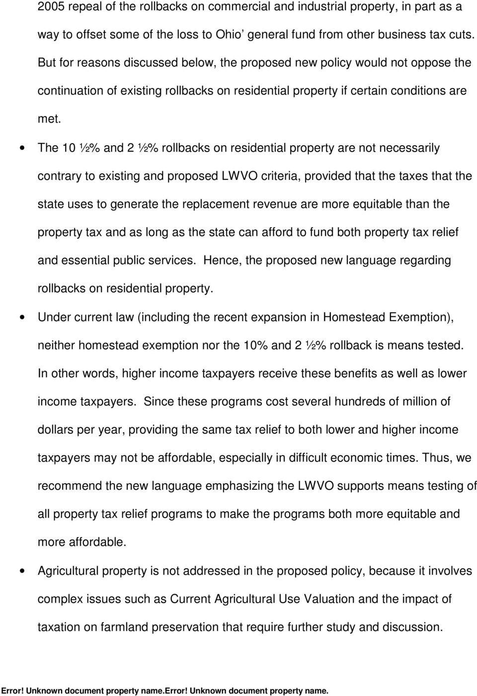 The 10 ½% and 2 ½% rollbacks on residential property are not necessarily contrary to existing and proposed LWVO criteria, provided that the taxes that the state uses to generate the replacement