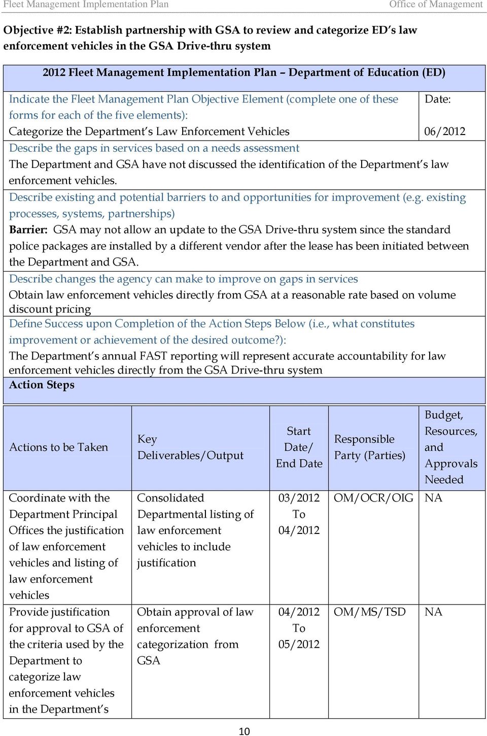 in services based on a needs assessment The Department GSA have not discussed the identification of the Department s law enforcement vehicles.