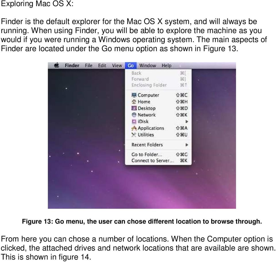 The main aspects of Finder are located under the Go menu option as shown in Figure 13.