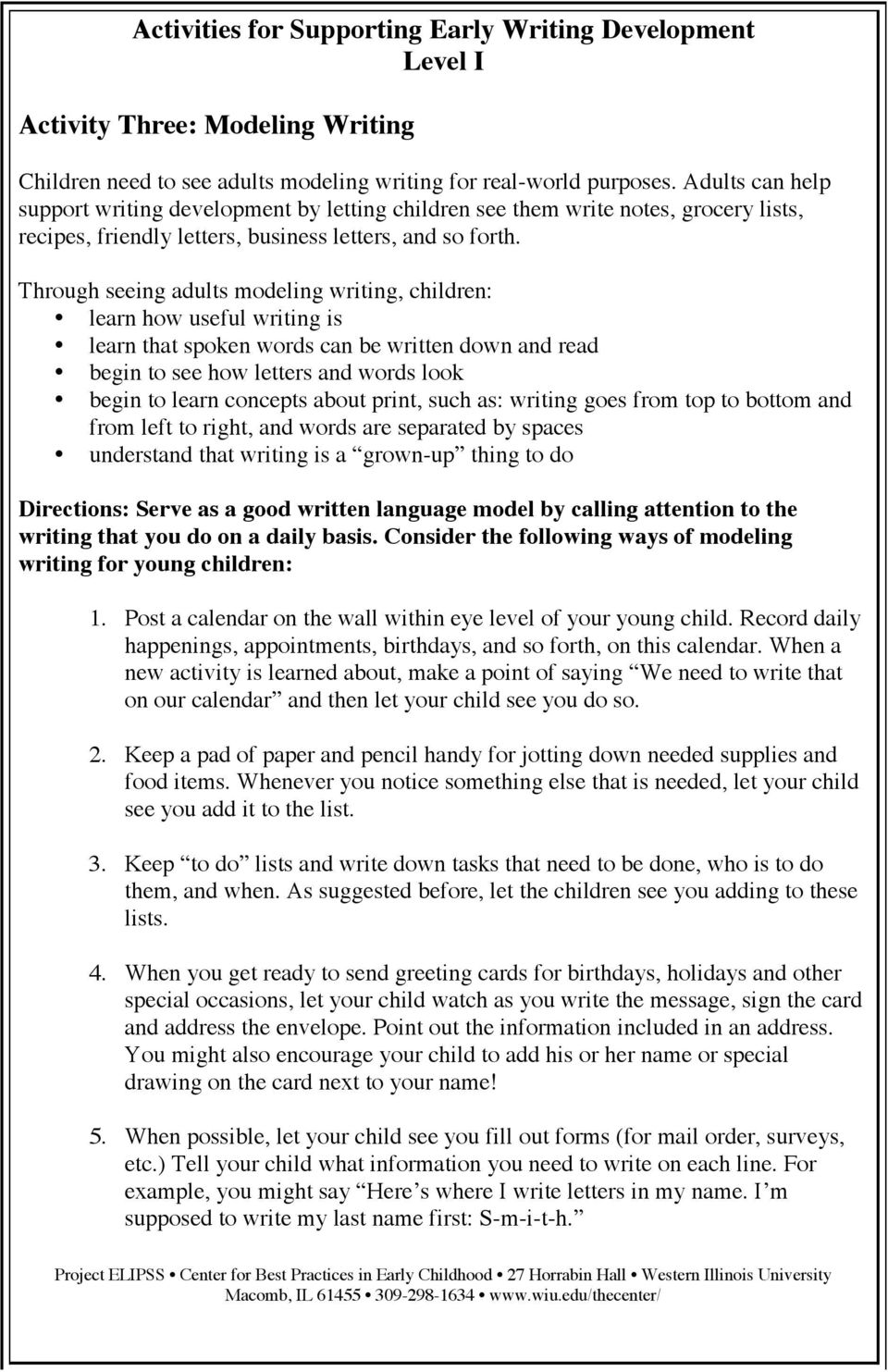 Through seeing adults modeling writing, children: learn how useful writing is learn that spoken words can be written down and read begin to see how letters and words look begin to learn concepts