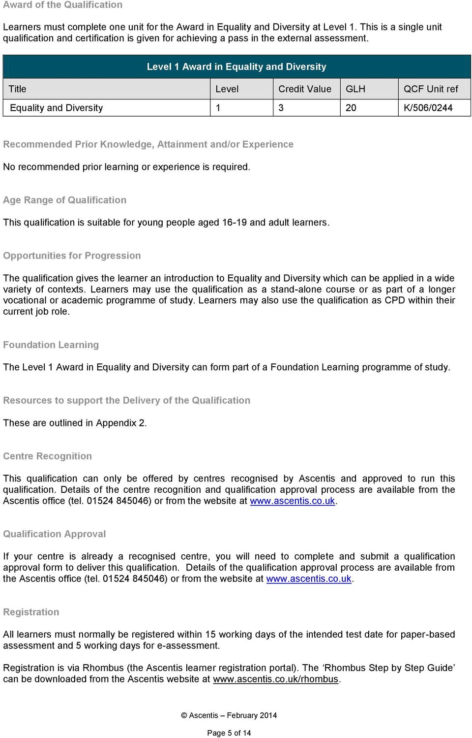 Level 1 Award in Equality and Diversity Title Level Credit Value GLH QCF Unit ref Equality and Diversity 1 3 20 K/506/0244 Recommended Prior Knowledge, Attainment and/or Experience No recommended