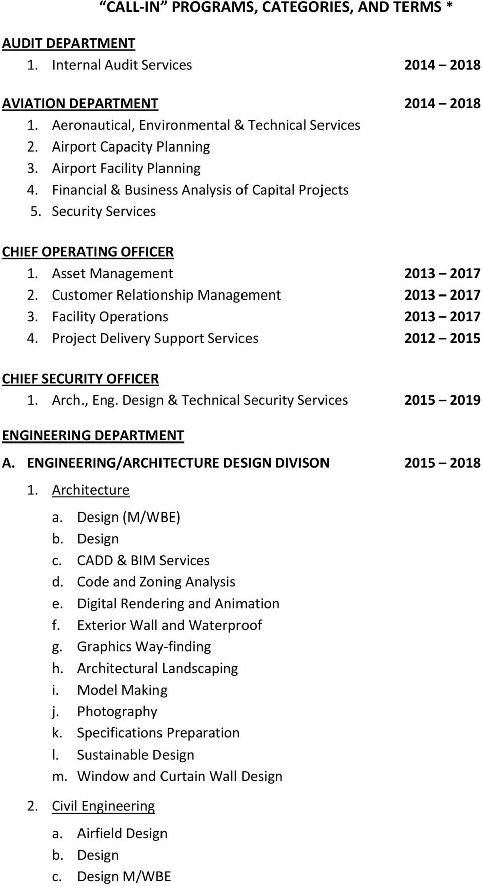 Customer Relationship Management 2013 2017 3. Facility Operations 2013 2017 4. Project Delivery Support Services 2012 2015 CHIEF SECURITY OFFICER 1. Arch., Eng.