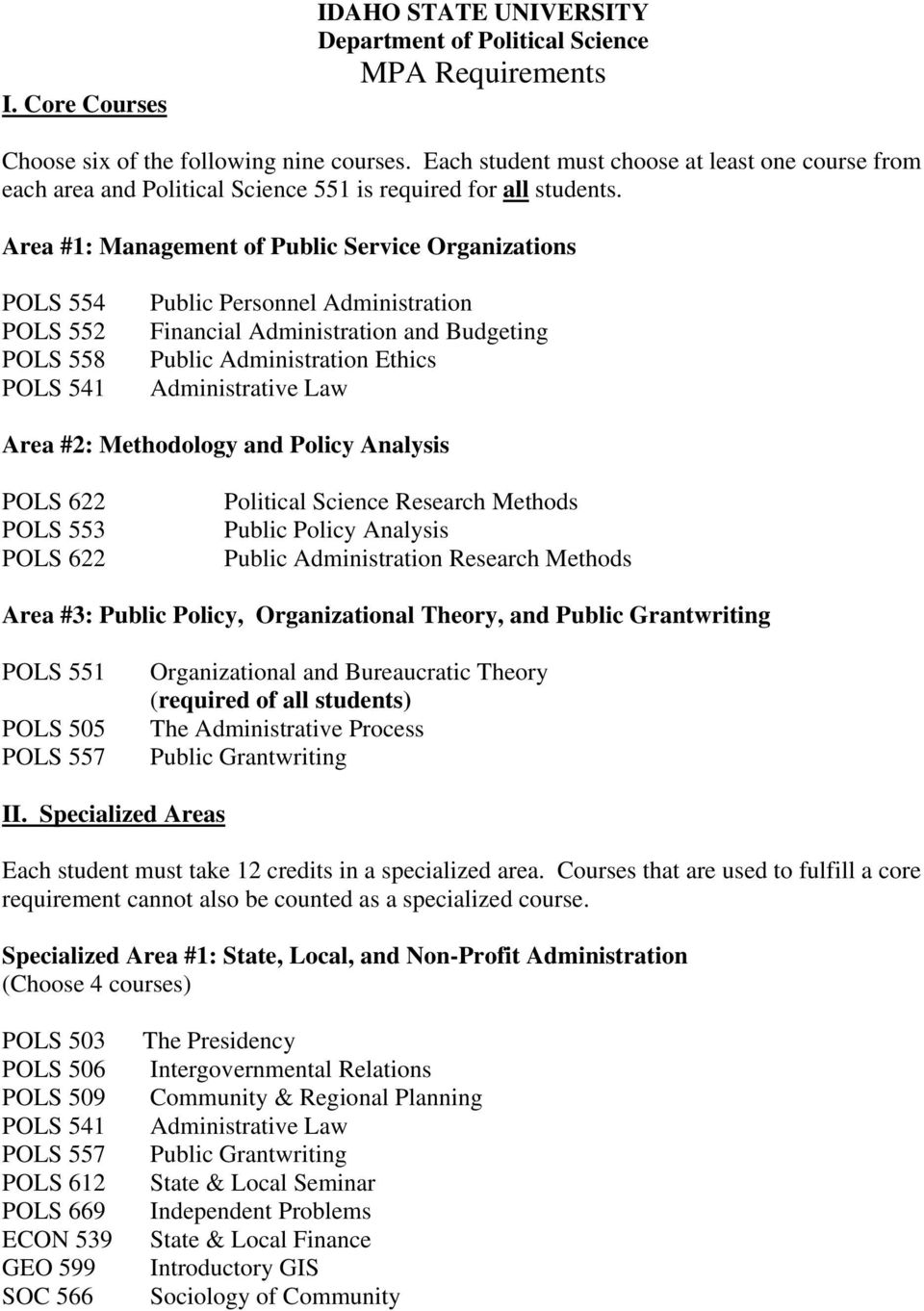 Area #1: Management of Public Service Organizations POLS 554 POLS 552 POLS 558 POLS 541 Public Personnel Administration Financial Administration and Budgeting Public Administration Ethics