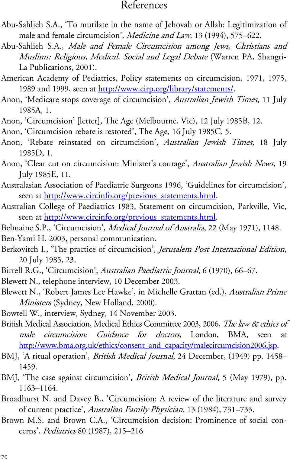 Anon, Medicare stops coverage of circumcision, Australian Jewish Times, 11 July 1985A, 1. Anon, Circumcision [letter], The Age (Melbourne, Vic), 12 July 1985B, 12.