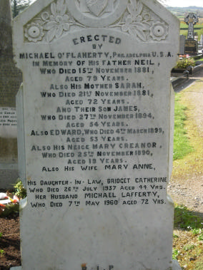 his neice [sic] Mary Creanor, // who died 25 th November 1890, // aged 19 years. // Also his wife Mary Anne, // his daughter-in-law, Bridget Catherine // who died 26 th July 1937 aged 44 Yrs.