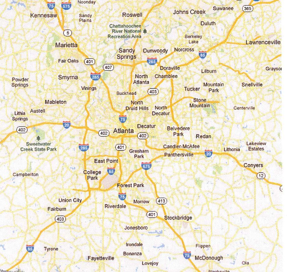 Atlanta Area Map To Chattanooga, TN To Greenville, SC To