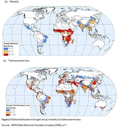Figure 2. Global distribution of drought risk (a) mortality (b) total economic loss Source: IBRD/World Bank and Columbia University, 2005:17.
