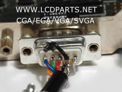 CGA/EGA/VGA/SVGA Connections: Name Wire Color Description A Silver Connect to DB9 Metal Shield B=Pin1 Black Connect to Ground C=Pin9 White Connect to Vertical