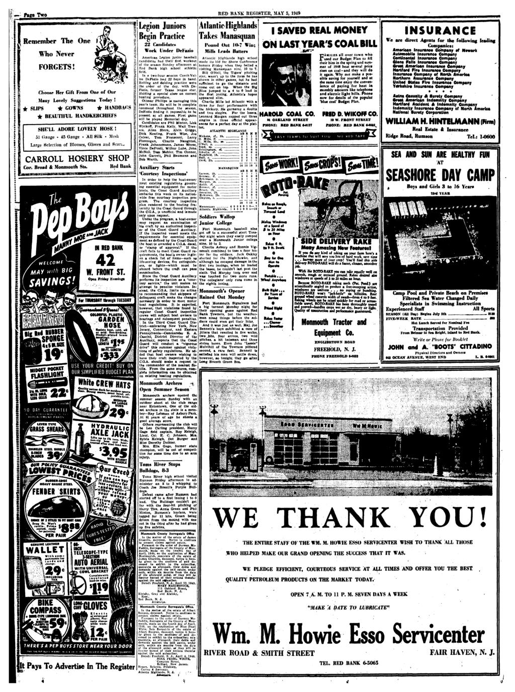 Page Two RED BANK REGISTEB, MAY 5, 1949 Remember The One I Who Never FORGETS! Choose Her Gift From One of Our Mauy Lovely- Suggestions Today!