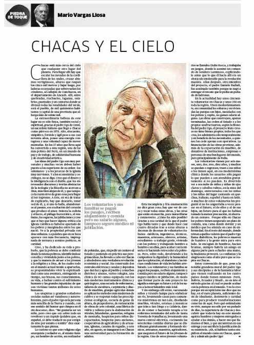 Chacas is closer to heaven than any other place on earth Anarchist dreamer and a man of action, the Italian priest Ugo de Censi has carried out in this region, one of the poorest in Peru, a real