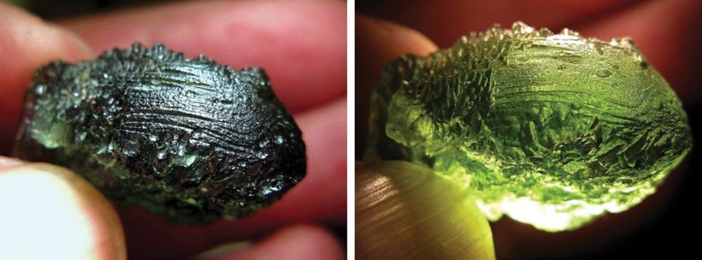 408 409 Figure 14. Iridescent devitrifying Roman glass fragment. Figure 12. Ordered lenticular internally-pitted pits on etched moldavite natural surface. Figure 15.