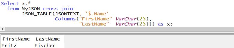 Access JSON Document - Example Retrieve First/Last Name Document located in MYJSON Table JSONTEXT Column Starts with the Name object Returns
