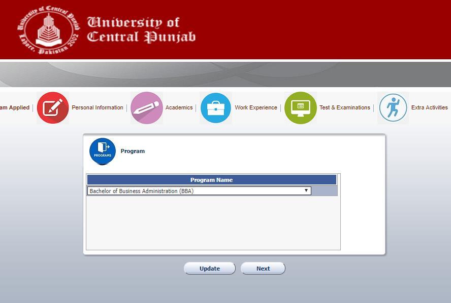 Step 7: Fig. 9 will appear. You must have selected in advance the Program Name at the time of Signing Up (Fig. 2) Fig. 9 Confirm by clicking the Update button (Fig. 9).