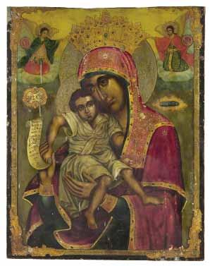 The Infant is holding an opened scroll with a Greek text. In the upper part of the icon, the Archangels Michael and Gabriel are crowning Mary and holding red medallions with her monograms.
