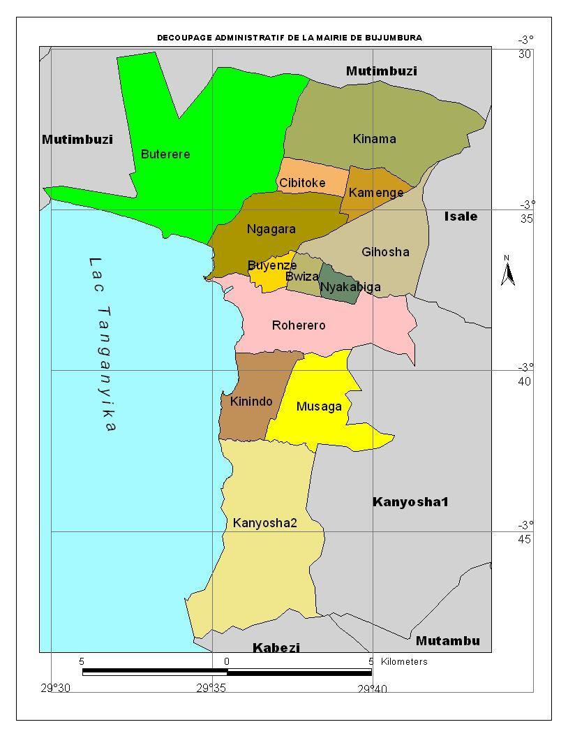 Figure 3: Map showing the administrative division of the Bujumbura municipality and the location of Anglican parishes 24 : Line showing division of communes in the municipality of Bujumbura : Sign of