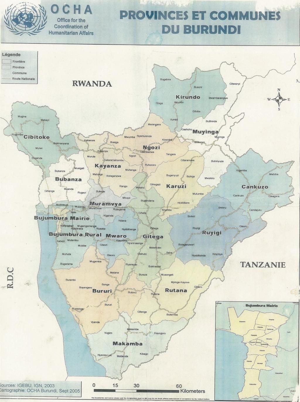 2.2.1 Geographical context Figure 5: Administrative and geographical division of Burundi The Republic of Burundi is a mountainous country, 27,834km², 2,000 of which are covered by the waters of Lake