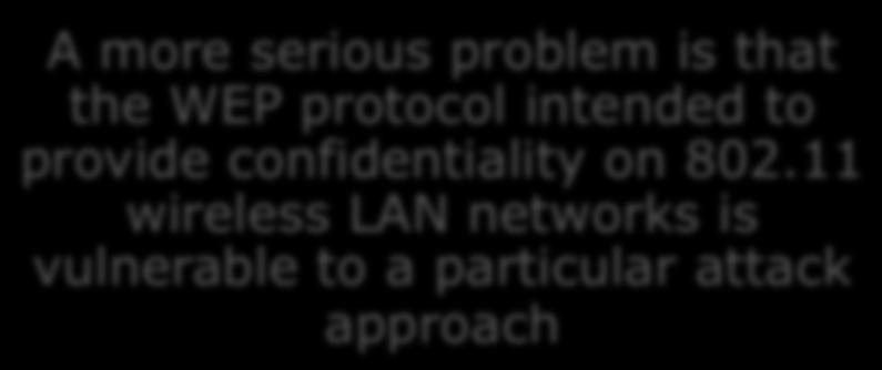 11 wireless LAN networks is vulnerable to a particular attack approach The problem is not with RC4 itself, but the way in which keys are generated for use as input Problem