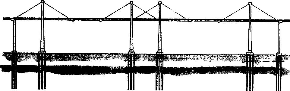 Fig. 22: Longifudinul view of the Mucuu bridge consisting of a short span with its two pylons cable-stays and stabilization cables, and with the two long cantilevers which will be later part of the