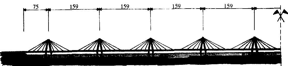 24Y.Y I 349.Y 4 I 44.50 Fig. 10: Finsterwalder~ project for the Great Belt bridge (1967) -- Fig. 11: Leonhardtkproject for a bridge over the river Ganges (1968) ed V longitudinally.