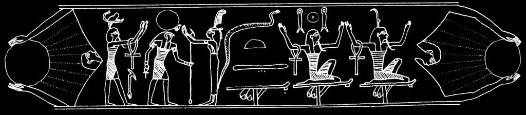 West Figure 94: Ra in the Cycle of Eternity (From the Papyrus of Khonsumes) East Above: Another conceptualization of the Journey of Ra through the Duat. Ra traverses through the body of Nut.