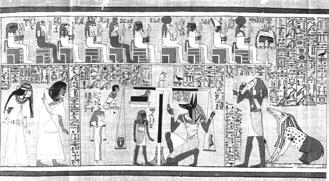 Plate 64: Vignette from Chapter 33 of Papyrus Ani. Judgment of the Soul. Text: Ani addresses his heart.