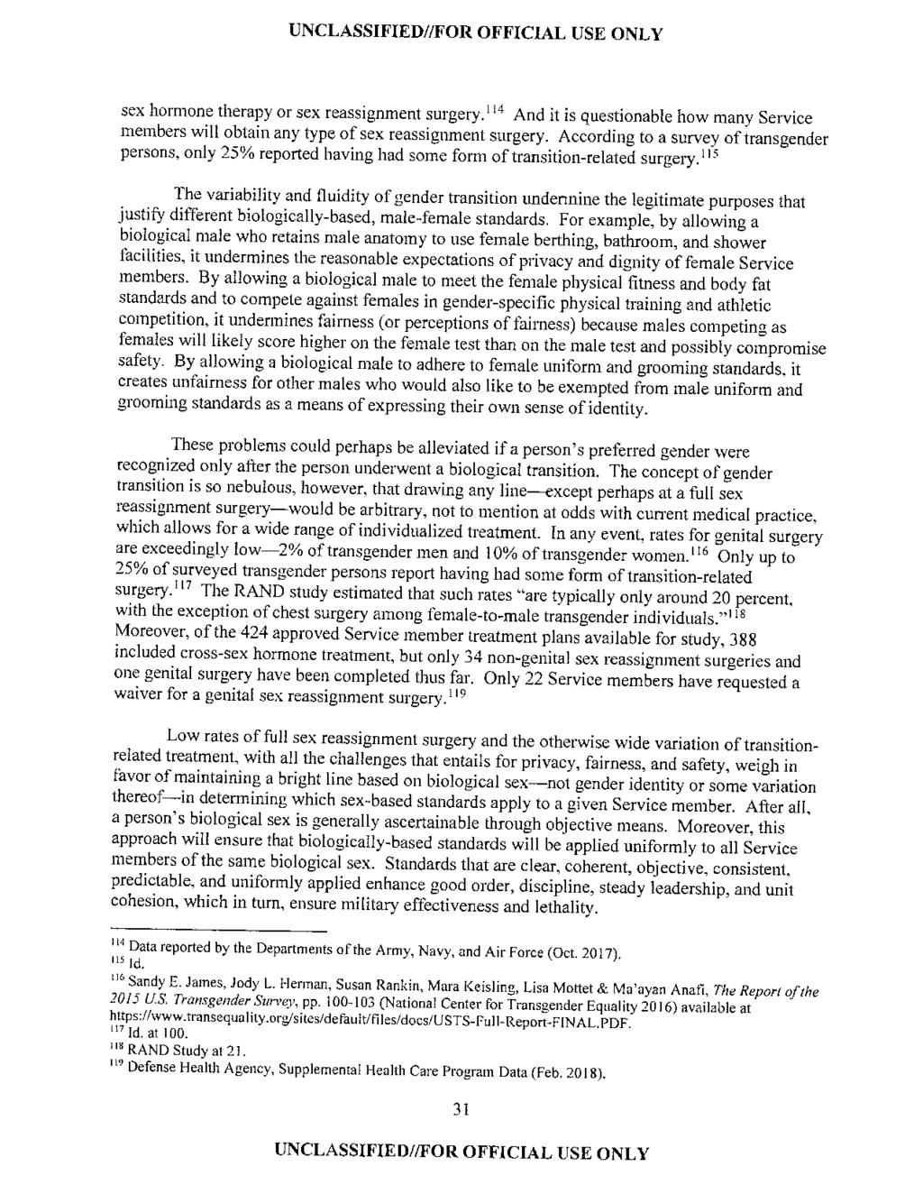 Case 1:17-cv-01597-CKK UNCLASSIFIED//FOR Document 96-2 OFFICIAL Filed USE 03/23/18 ONLY Page 33 of 46 sex hormone therapy or sex reassignment surgery.